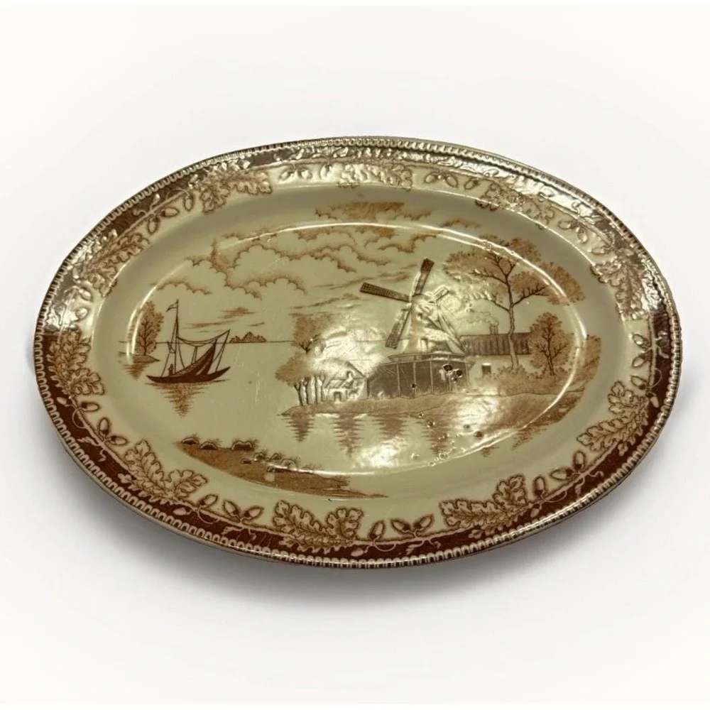 Vintage Small Transferware Platter Plate Windmill, And Sailboat Motif